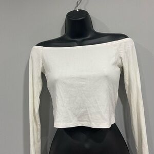 long sleeve off the shoulder ribbed top